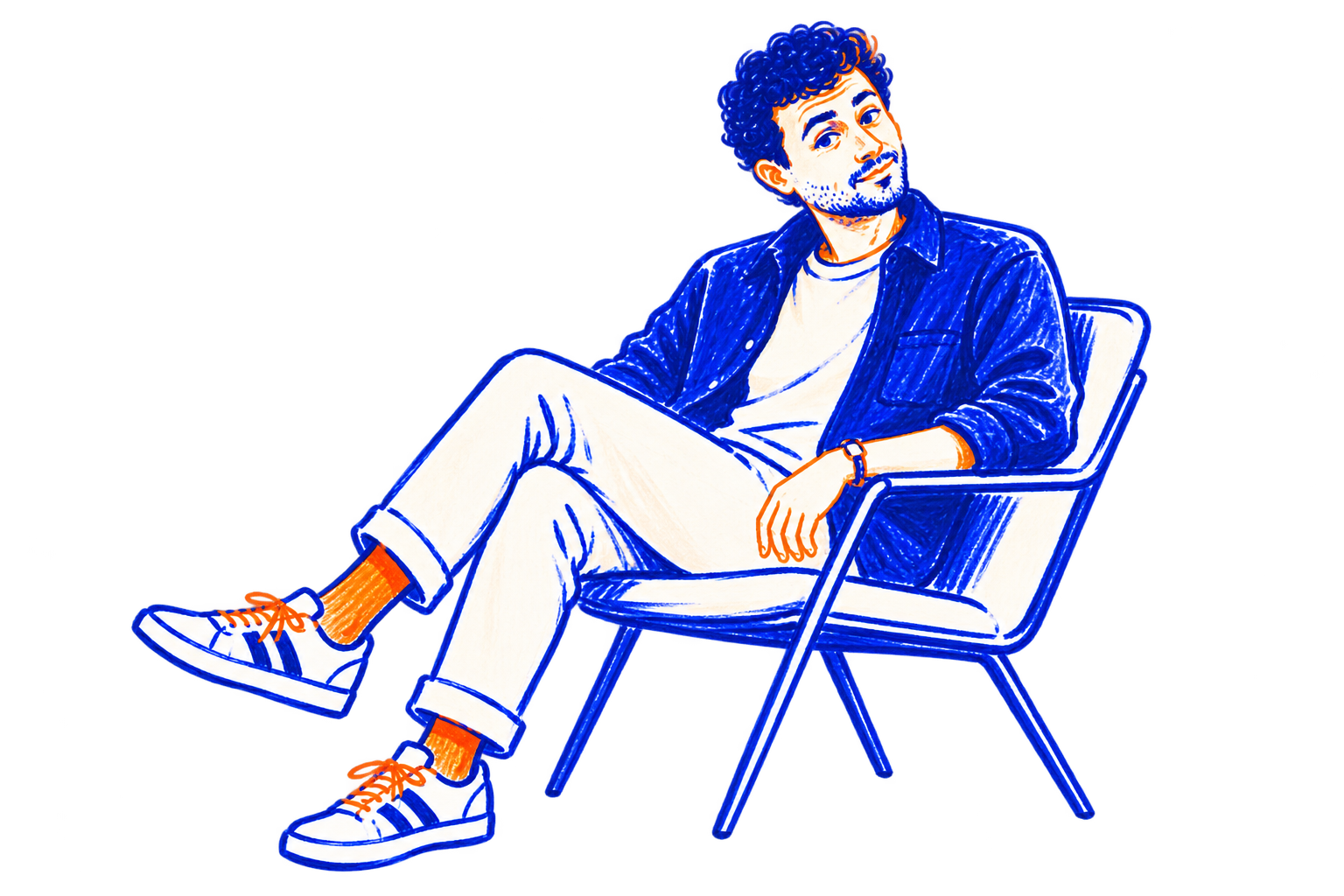 Illustrated portrait of Miguel Delgado seated in a lounge chair